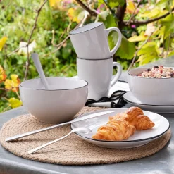 Assiette à dessert en grès avec liserai noir D19,2cm - blanc