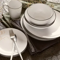 Assiette à dessert en grès avec liserai noir D19,2cm - blanc