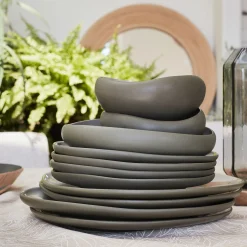 Assiette à dessert en grès D21cm - vert olivier