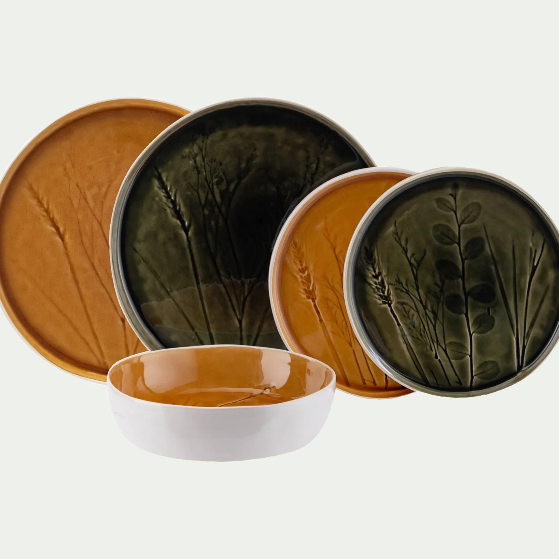 Assiette creuse impressions végétales en grès D19,5cm - jaune argan