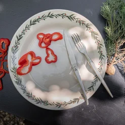 Assiette plate avec motif houx en grès D28cm - blanc