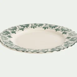 Assiette plate en grès à motif floral vert D28cm - blanc