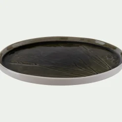 Assiette plate impressions végétales en grès D26cm - vert avocado