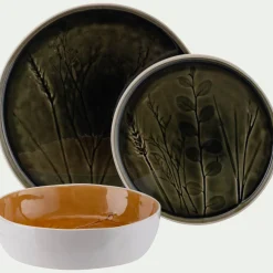 Assiette plate impressions végétales en grès D26cm - vert avocado