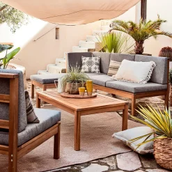 Banquette de jardin en acacia et coussin - gris (2 places)