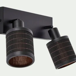 Barre de 2 spots électrifiés en acier et rotin - noir