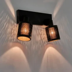 Barre de 2 spots électrifiés en acier et rotin - noir