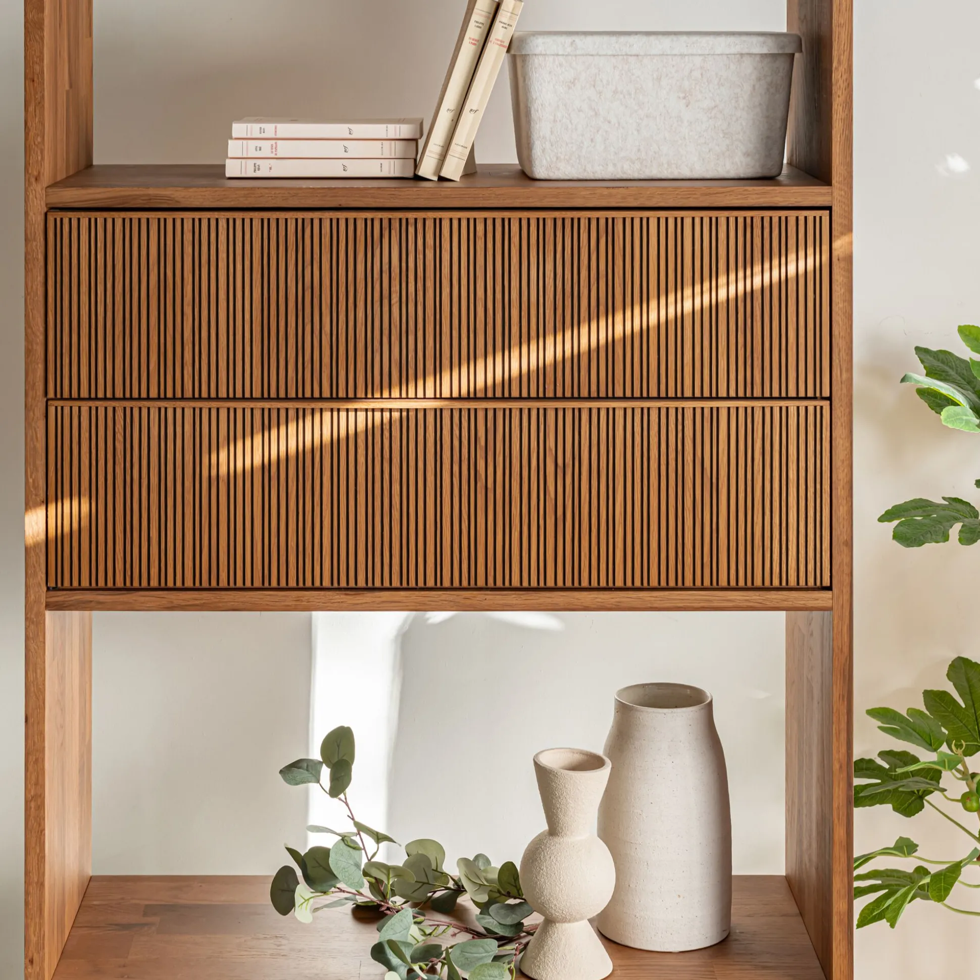 Bloc de 2 grands tiroirs en chêne strié L82cm - bois foncé