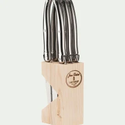 Bloc en bois de 6 couteaux à steak en acier - gris métallisé