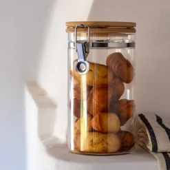 Bocal en verre avec couvercle en bambou 1L - transparent