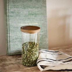Bocal en verre avec couvercle en acacia 1L - transparent