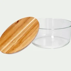 Boîte ronde en verre avec couvercle en bois D18,6cm