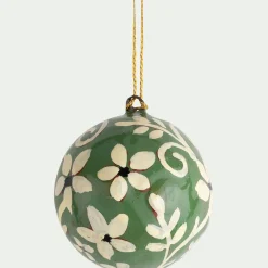 Boule de Noël motif floral en papier mâché peinte à la main D3cm - vert