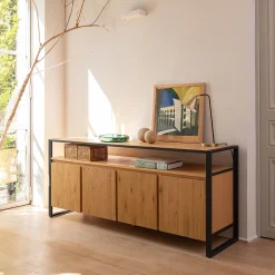 Buffet 4 portes en pin massif et métal noir