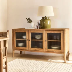 Buffet bas en teck recyclé et portes vitrées - bois clair