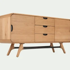 Buffet bas plaqué chêne 2 portes et 3 tiroirs et piètement chêne massif - bois clair