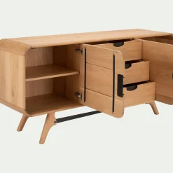 Buffet bas plaqué chêne 2 portes et 3 tiroirs et piètement chêne massif - bois clair