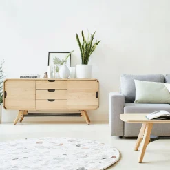 Buffet bas plaqué chêne 2 portes et 3 tiroirs et piètement chêne massif - bois clair