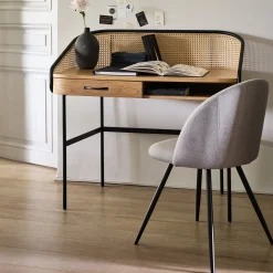 Bureau avec rangement en bois et rotin - bois clair L105xl59XH96cm
