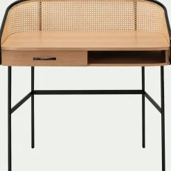Bureau avec rangement en bois et rotin - bois clair L105xl59XH96cm