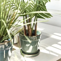 Cache-pot et sa coupelle en céramique D17cm - vert