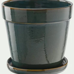 Cache-pot et sa coupelle en céramique D17cm - vert