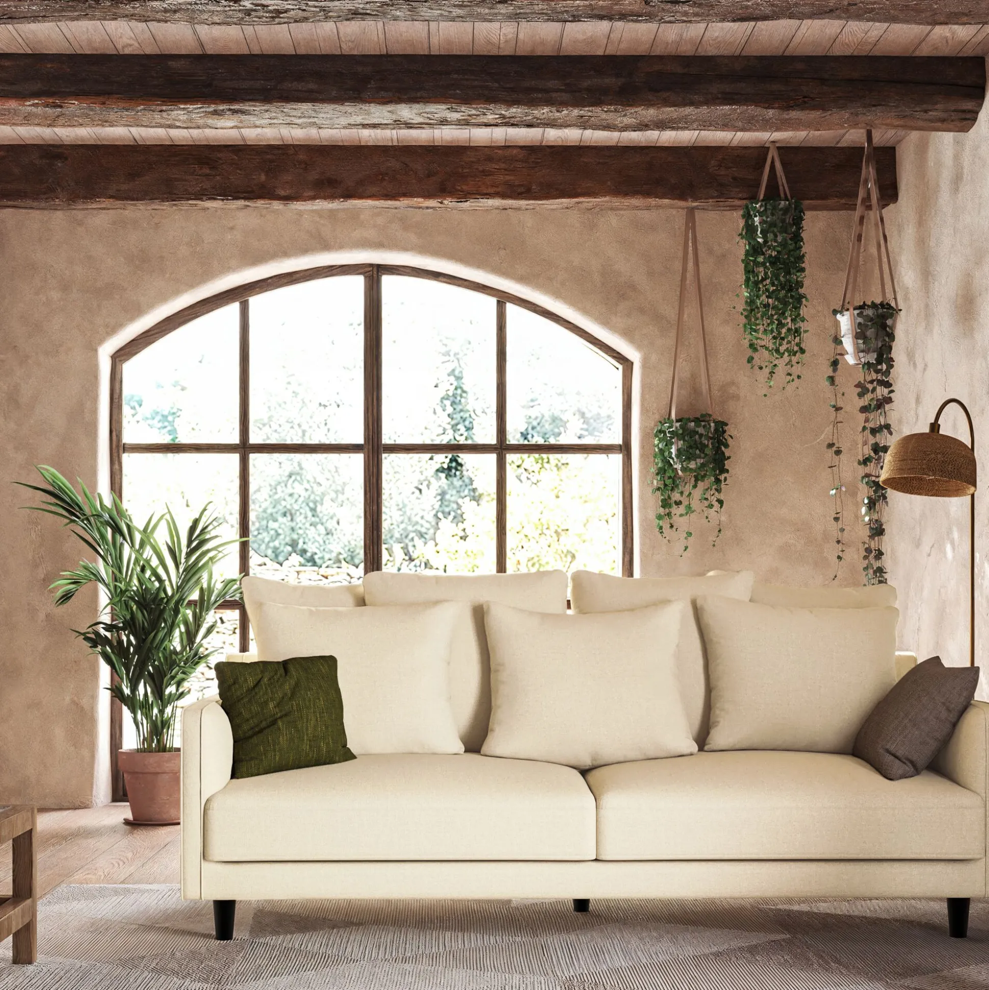 Canapé 4 places convertible matelas bultex en tissu joint - beige roucas