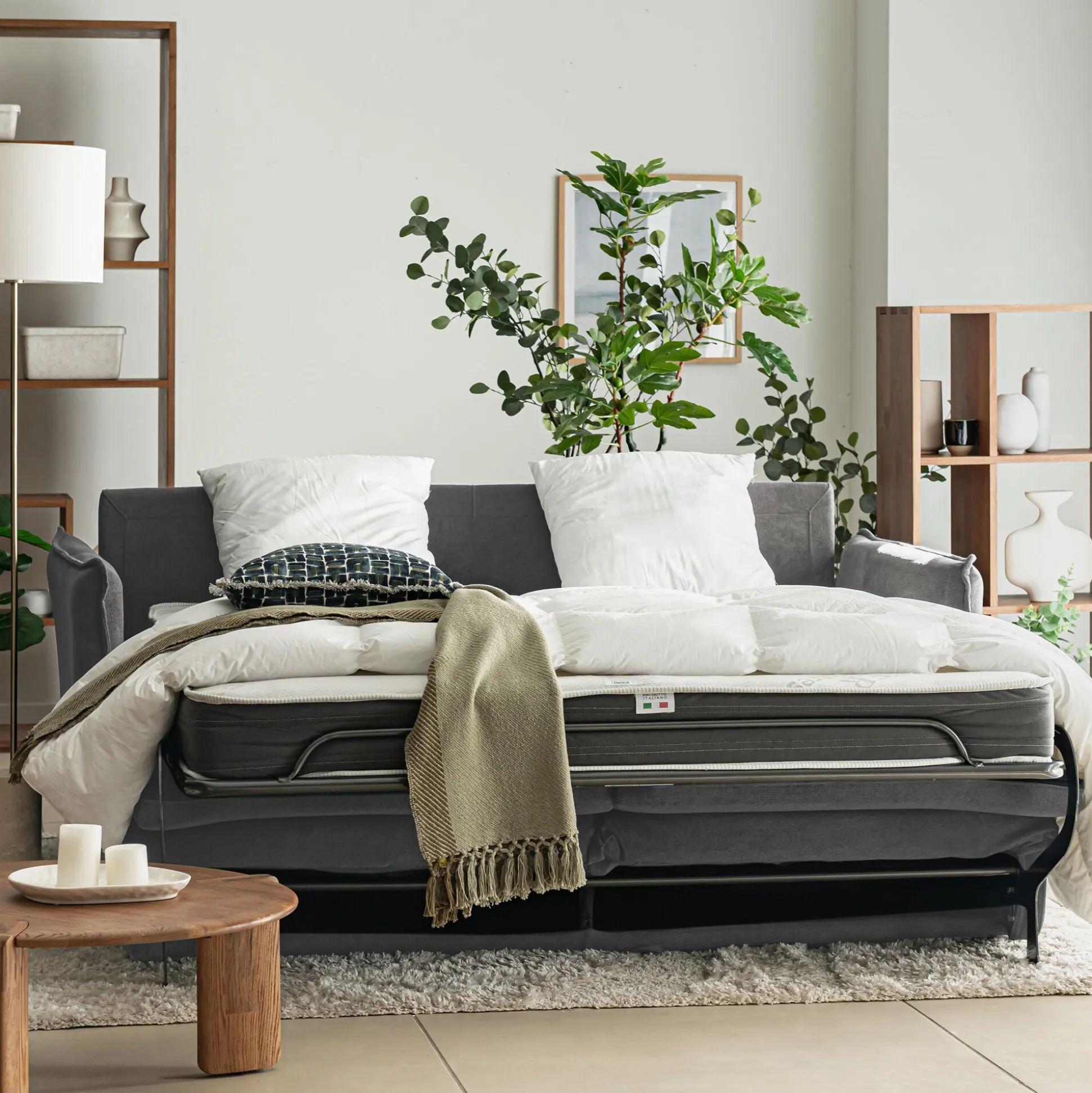 Canapé 4 places convertible en tissu Sogno avec matelas densité 35kg/m3 - gris moyen