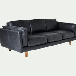 Canapé 3 places fixe en cuir de vachette - noir