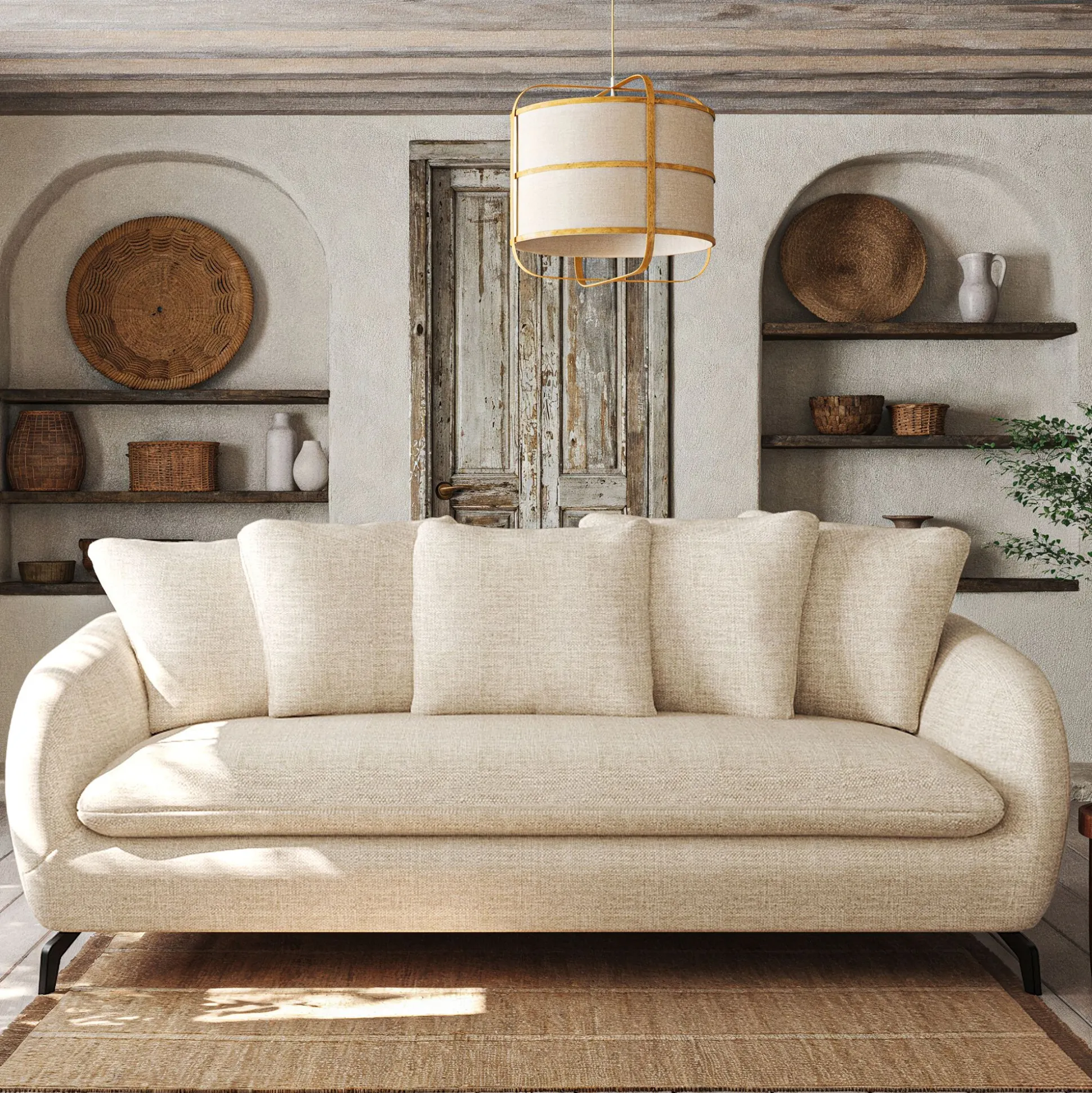 Canapé 3 places fixe en tissu tramé - blanc écru