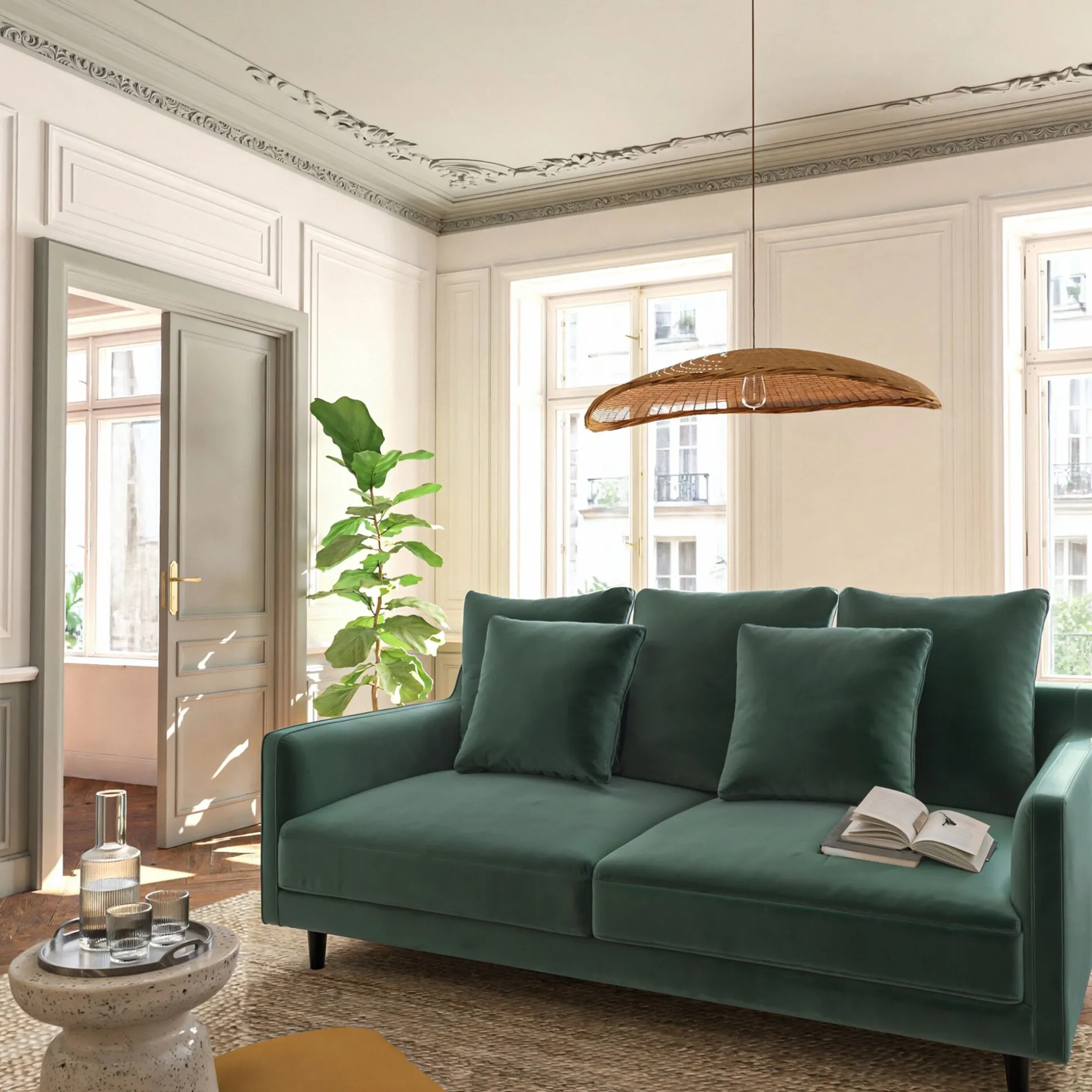 Canapé 3 places fixe en tissu velvet - vert sauge