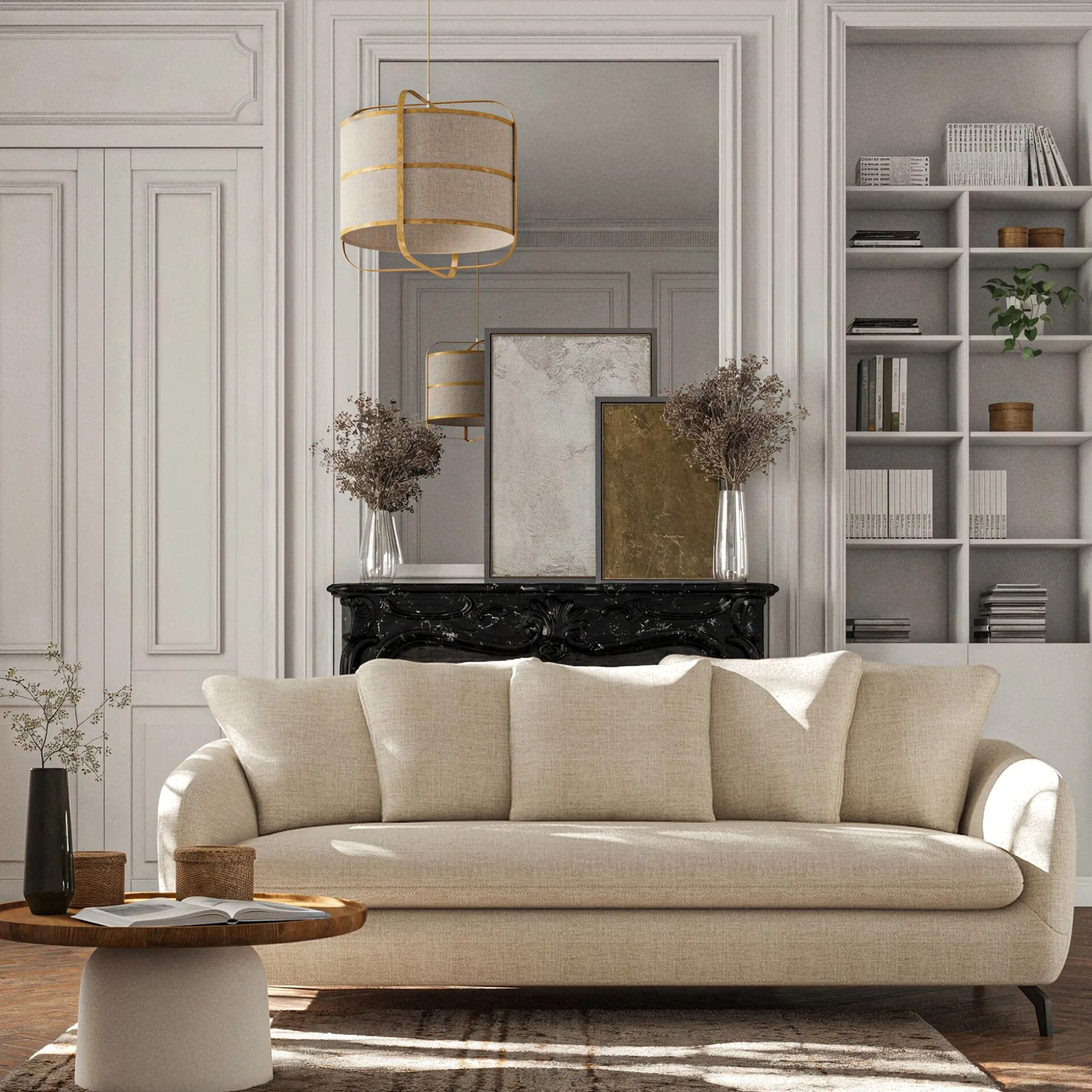 Canapé 4 places fixe en tissu tramé - blanc écru