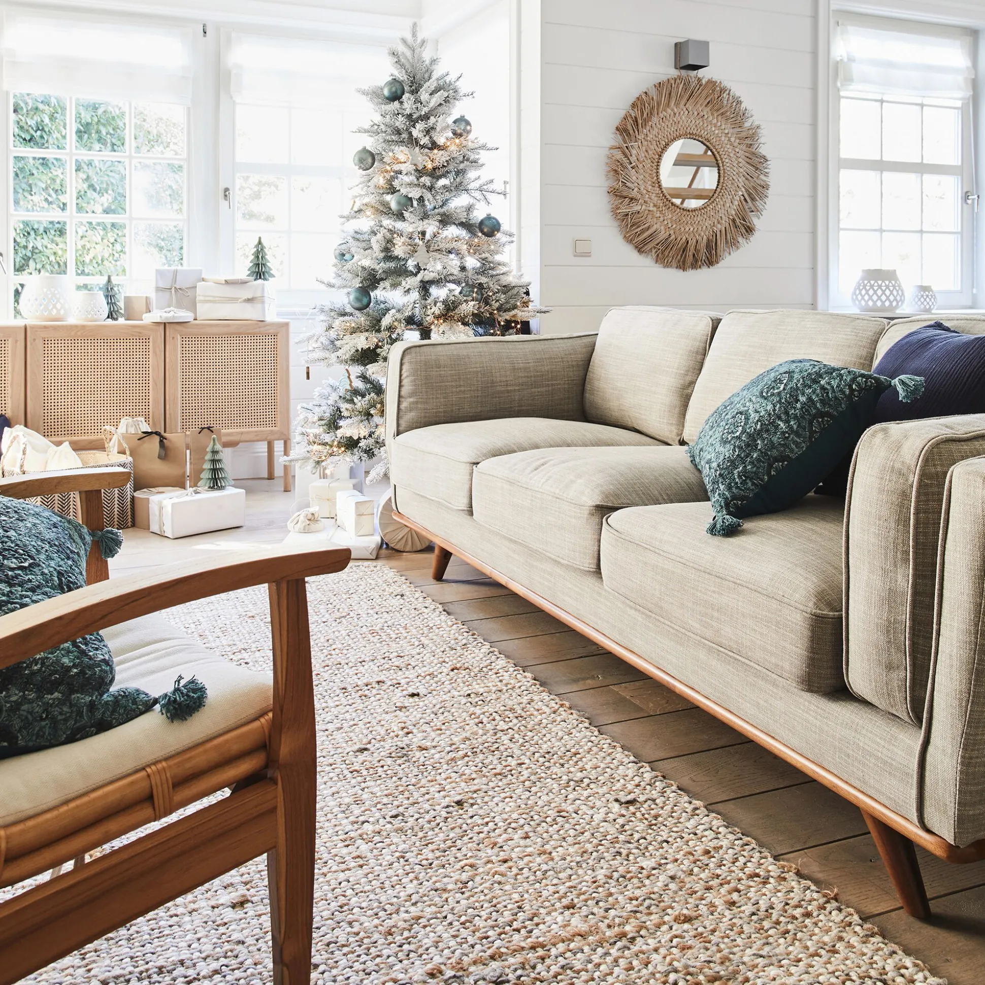 Canapé 3 places fixe en tissu - beige