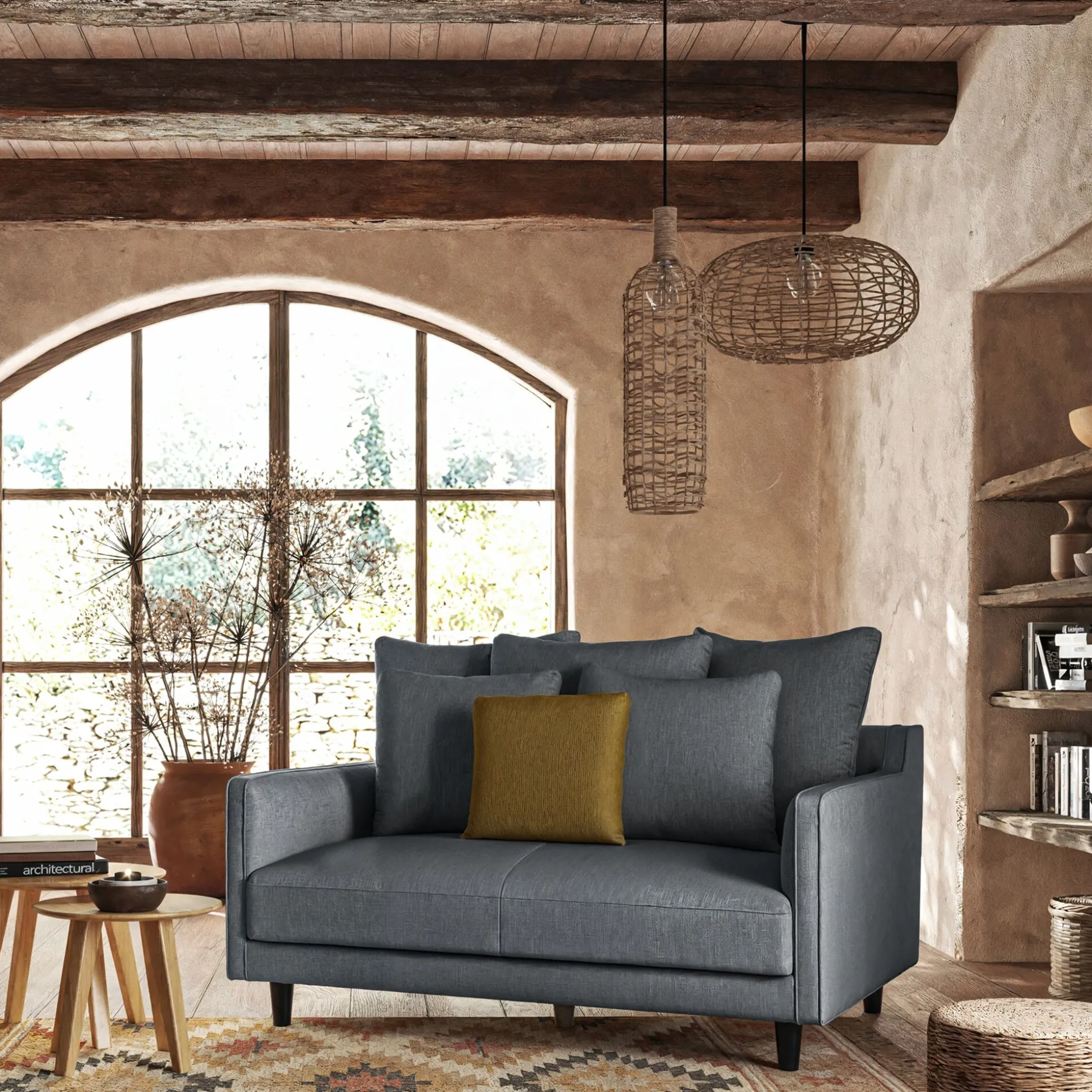 Canapé 2 places fixe tissu mixte - gris ardoise