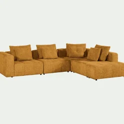 Canapé d'angle droit avec pouf en tissu Benjo - jaune argan