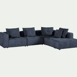 Canapé d'angle droit avec pouf en tissu Benjo - bleu marine