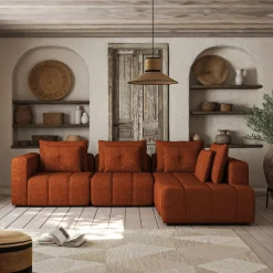 Canapé d'angle droit avec pouf en tissu Benjo - brun rustrel