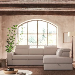 Canapé d'angle droit convertible avec coffre en tissu doux - beige