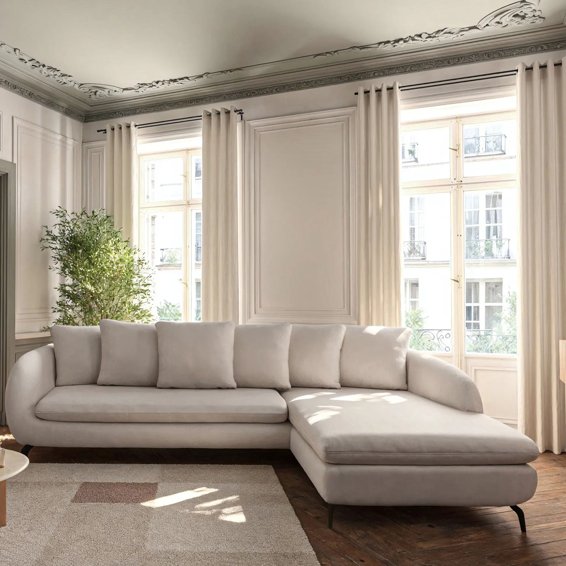 Canapé d'angle droit convertible en tissu tramé - beige roucas