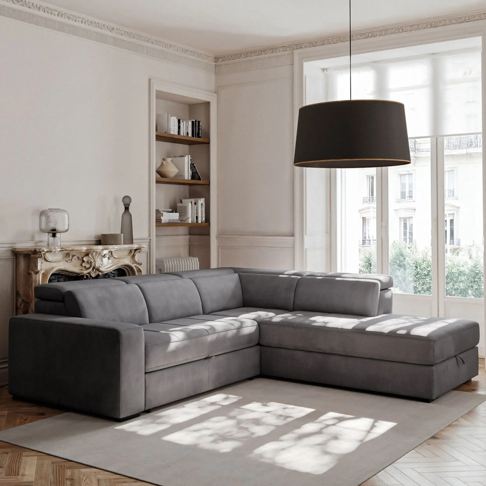 Canapé d'angle droit convertible avec coffre en tissu doux - gris