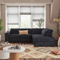 Canapé d'angle droit convertible avec coffre en tissu doux - bleu calabrun