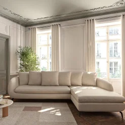 Canapé d'angle droit fixe en tissu doux tramé - blanc écru