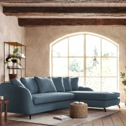 Canapé d'angle droit fixe en tissu doux tramé - bleu