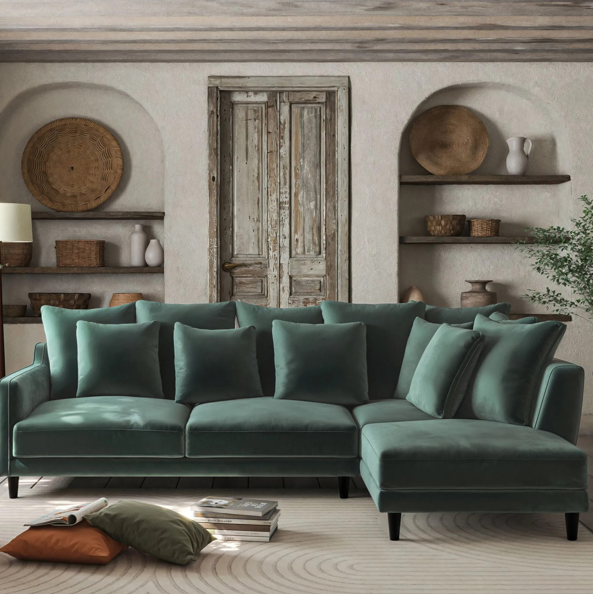 Canapé d'angle droit fixe en tissu velvet - vert sauge