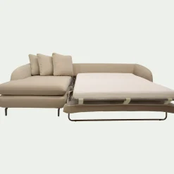 Canapé d'angle gauche convertible en tissu doux tramé - beige