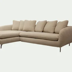 Canapé d'angle gauche convertible en tissu doux tramé - beige