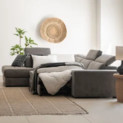 Canapé d'angle gauche convertible avec coffre en tissu doux - gris