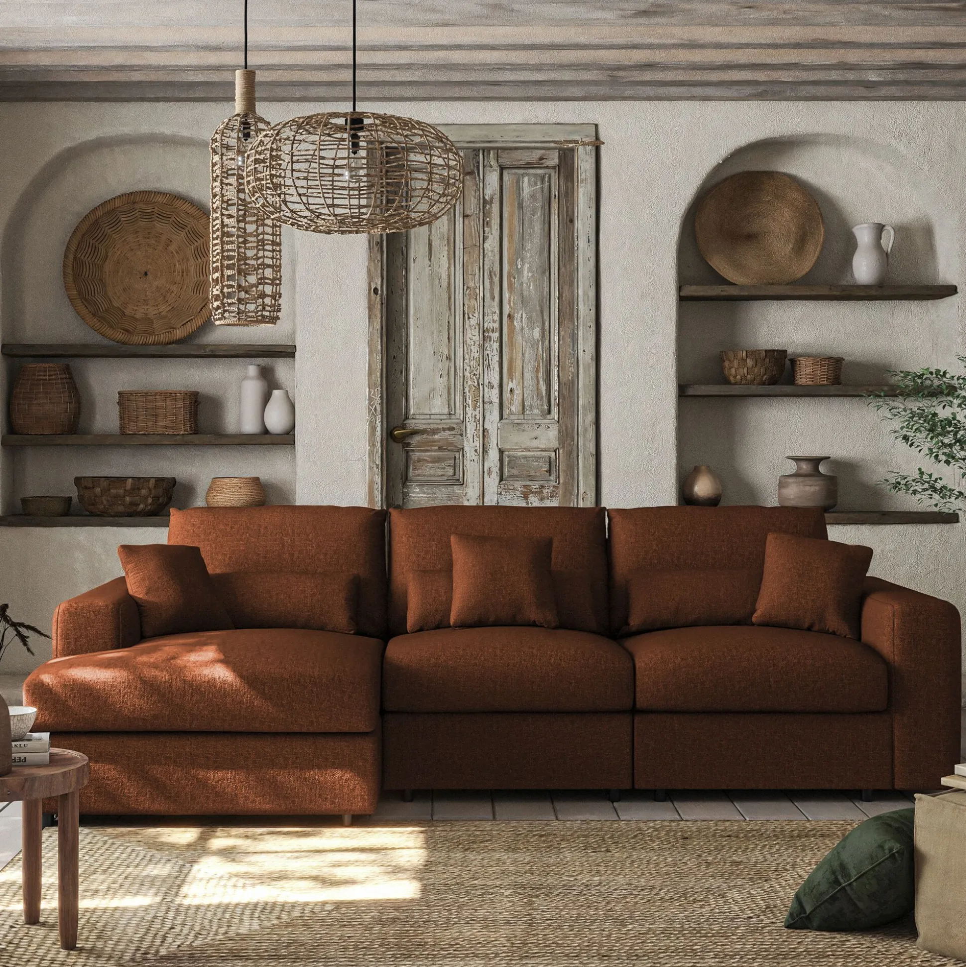 Canapé d'angle gauche fixe en tissu chenille Benjo - brun rustrel