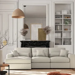 Canapé d'angle gauche fixe en tissu bouclette dasco - blanc écru