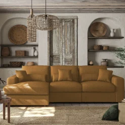 Canapé d'angle gauche fixe en tissu chenille Benjo - jaune argan